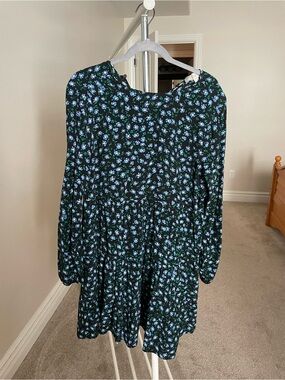 LOFT Black Dress with Blue Floral & Green Leaf Print